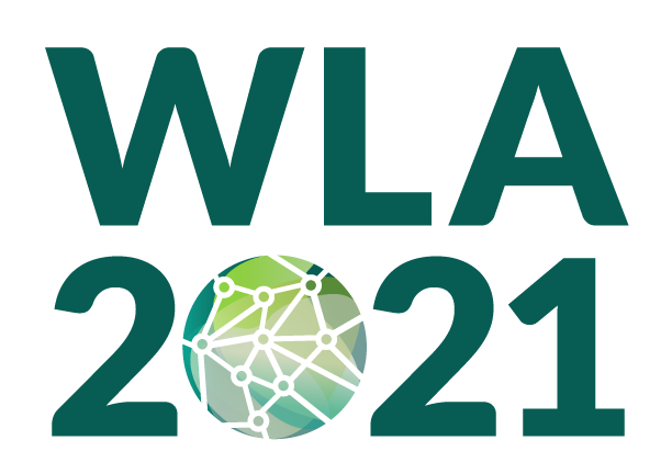 2021 WLA Conference Logo: A green and blue sphere with lines and dots across its surface, indicating a connected community.