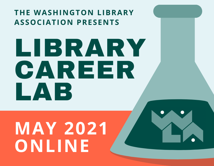 Logo for 2021 WLA Library Career Lab: a blue beaker set on a light blue and coral-colored background